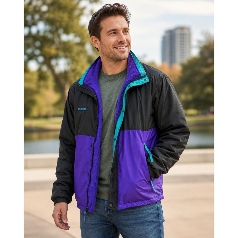 Vintage 90s Columbia Sportswear Jacket Mens M Black Purple Teal Fleece Lined